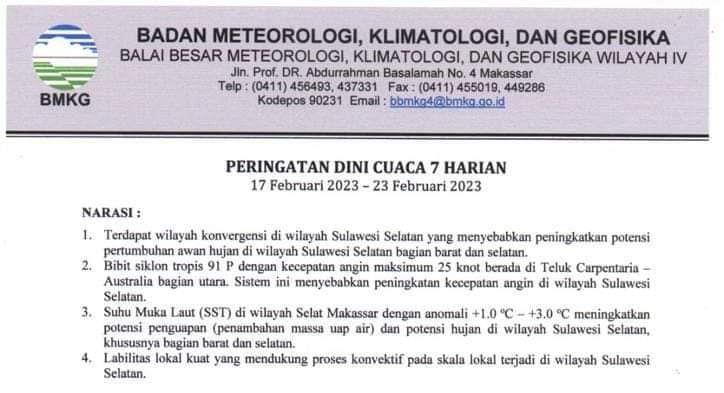 BMKG : Waspada 17-23 Februari 2023 Wilayah Sulsel Hujan Lebat dan Angin Kencang